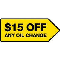 48" X 18" FullSpeed Automotive Yellow $15 Off Any Oil Change Arrow Spinner Sign (double sided)